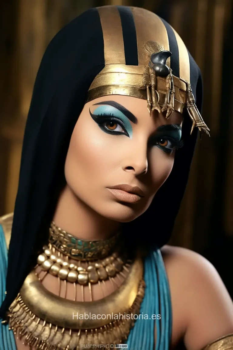Foto realista de Cleopatra, la última faraona de Egipto, generada por IA. Contiene citas célebres, chat de inteligencia artificial y tareas didácticas.