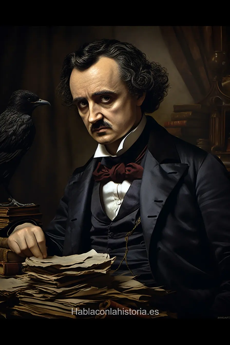 Foto realista de Edgar Allan Poe, escritor y poeta estadounidense, generada por IA. Muestra frases célebres, chat de IA inmersivo y actividades literarias.