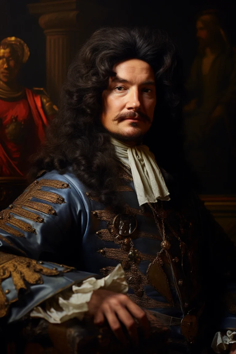 Foto realista de Luis XIV, el Rey Sol de Francia, generada por IA. Muestra frases célebres, interacciones de chat IA y actividades educativas sobre su reinado.