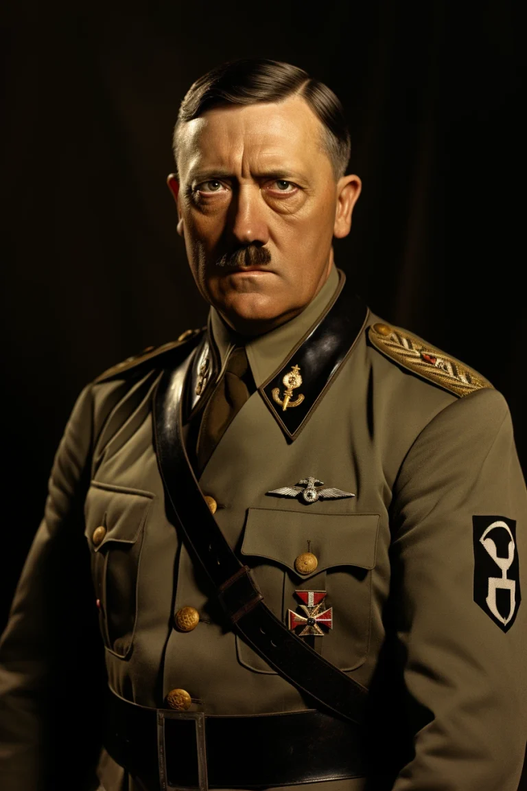 Imagen realista de Adolf Hitler, líder del Tercer Reich alemán, creada por IA. Contiene citas históricas, simulación de diálogo por IA y recursos didácticos.