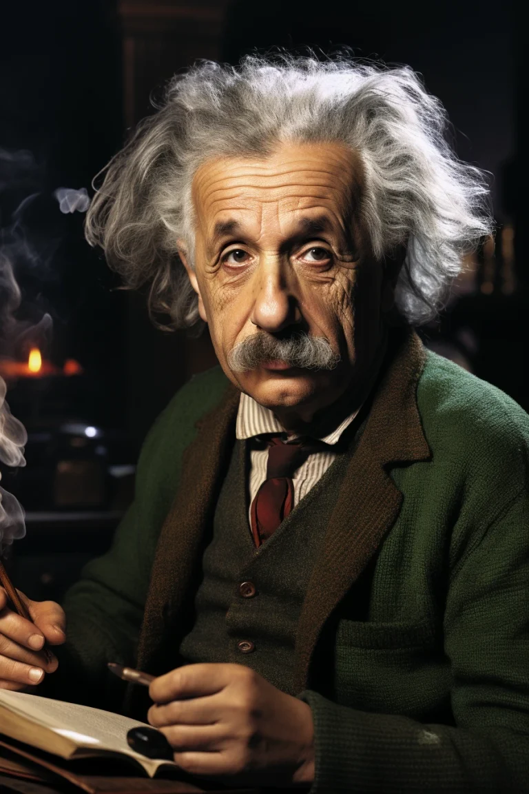 Imagen realista de Albert Einstein, físico teórico creador de la teoría de la relatividad, generada por IA. Contiene citas famosas, simulación de chat IA y recursos didácticos.