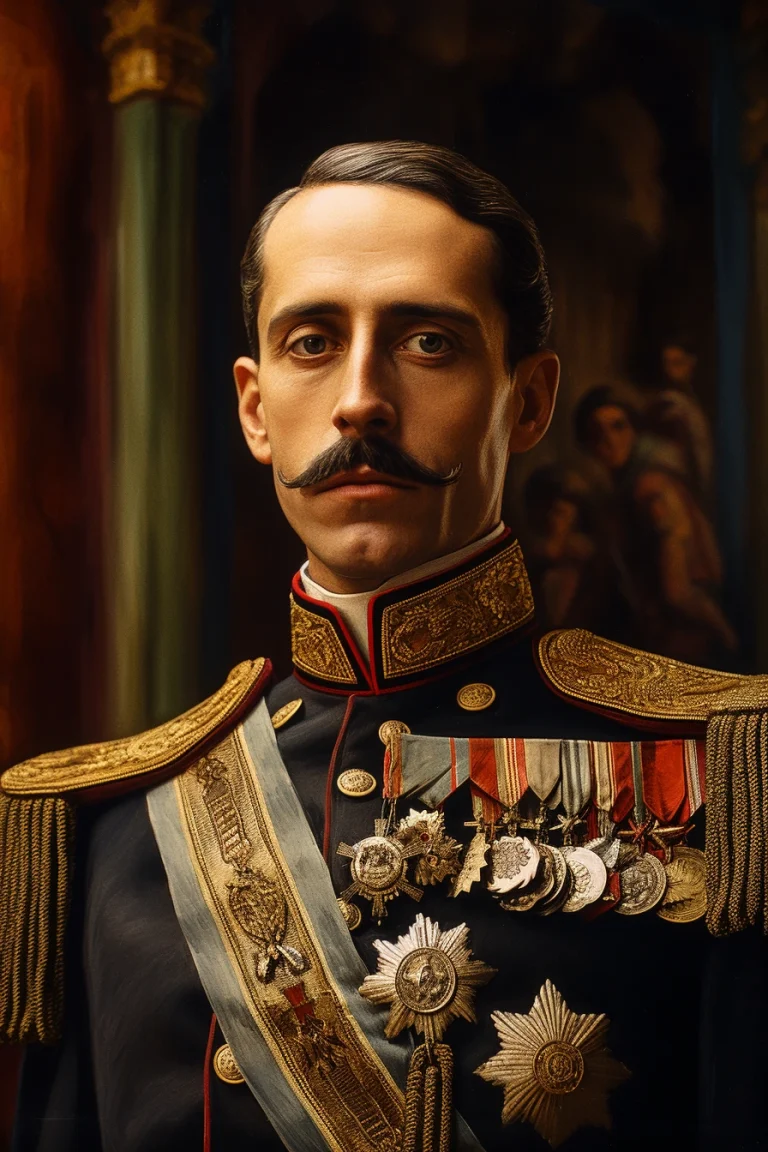 Foto realista de Alfonso XIII, rey de España, generada por IA. Incluye citas históricas, diálogos de chat IA y actividades de aprendizaje sobre su reinado.