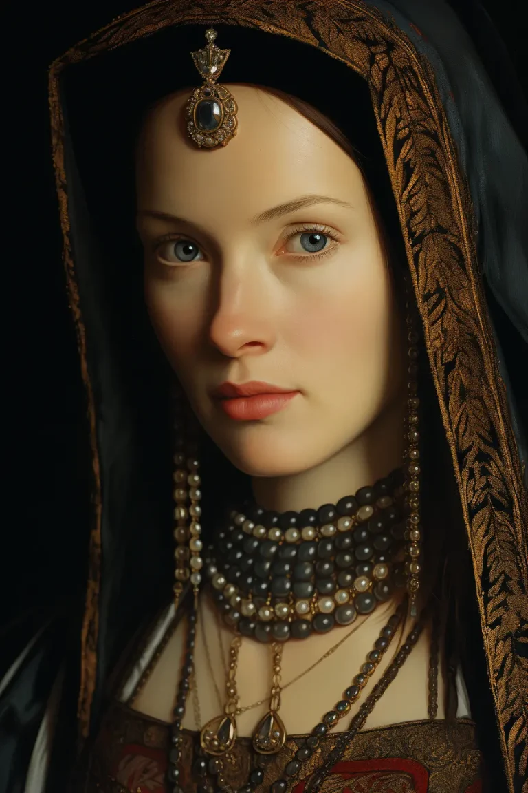 Imagen realista de Ana Bolena, segunda esposa de Enrique VIII, creada mediante IA. Presenta citas célebres, interacción con chat IA y recursos didácticos.