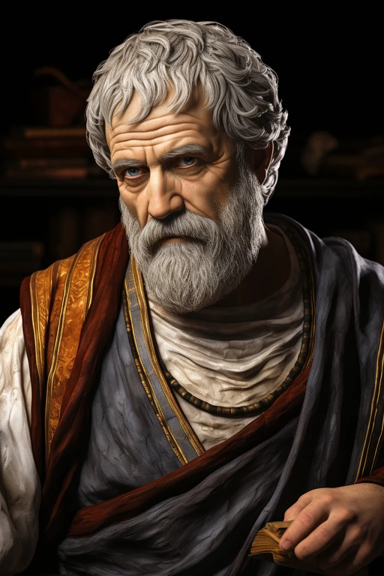 Imagen realista de Aristóteles, filósofo griego y maestro de la lógica, creada por IA. Incorpora citas famosas, diálogo interactivo de inteligencia artificial y recursos didácticos.