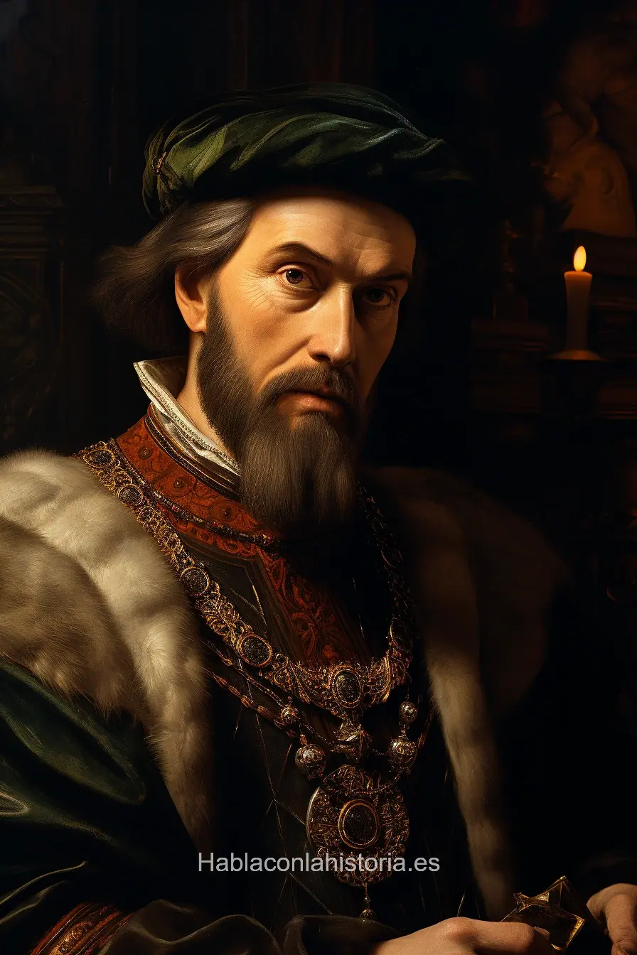 Imagen realista de Carlos I de España, representado en su rol histórico como Emperador, generada por IA. Contiene citas célebres y se utiliza en chats de IA inmersivos y actividades educativas.