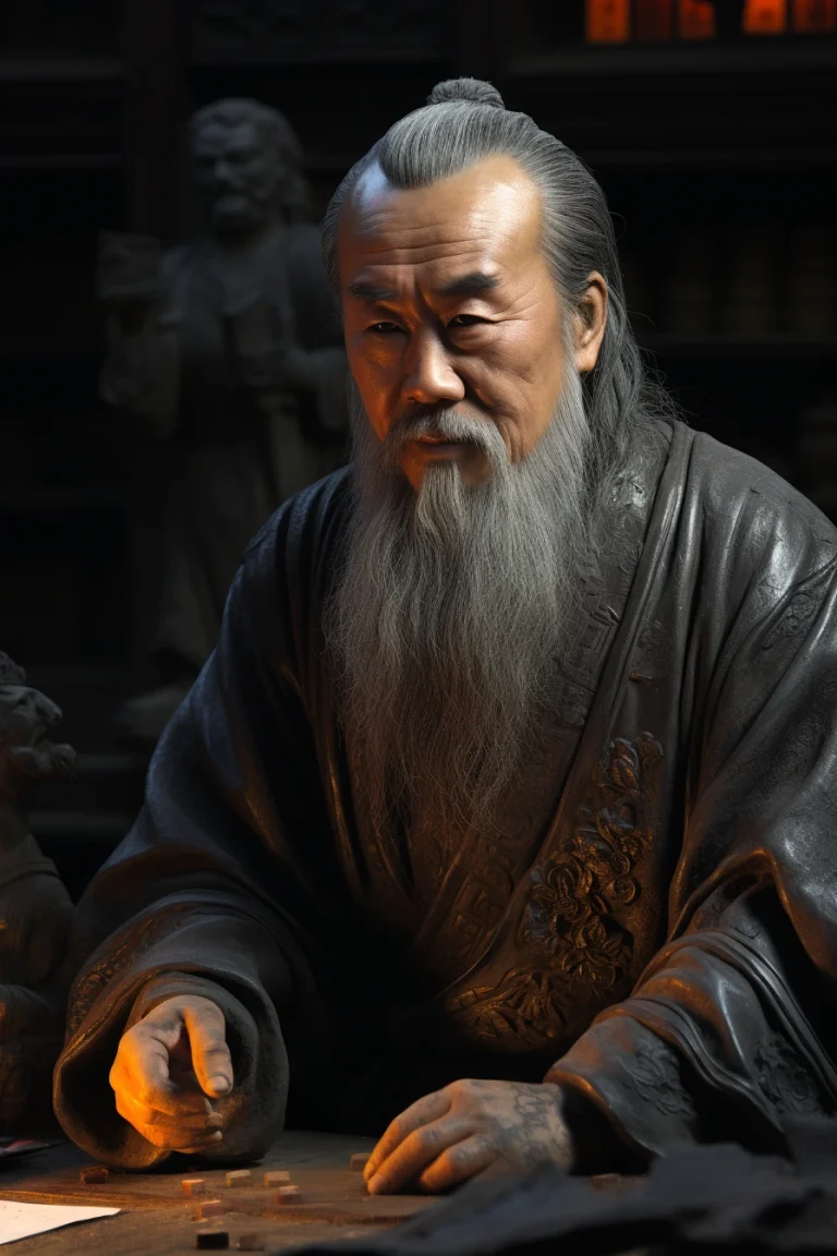 Imagen realista de Confucio, filósofo chino antiguo, creada por IA. Contiene citas famosas, diálogos de chat IA y recursos para el aprendizaje.