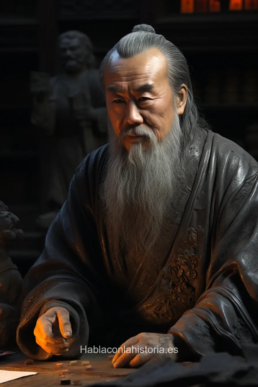 Imagen realista de Confucio, filósofo chino antiguo, creada por IA. Contiene citas famosas, diálogos de chat IA y recursos para el aprendizaje.