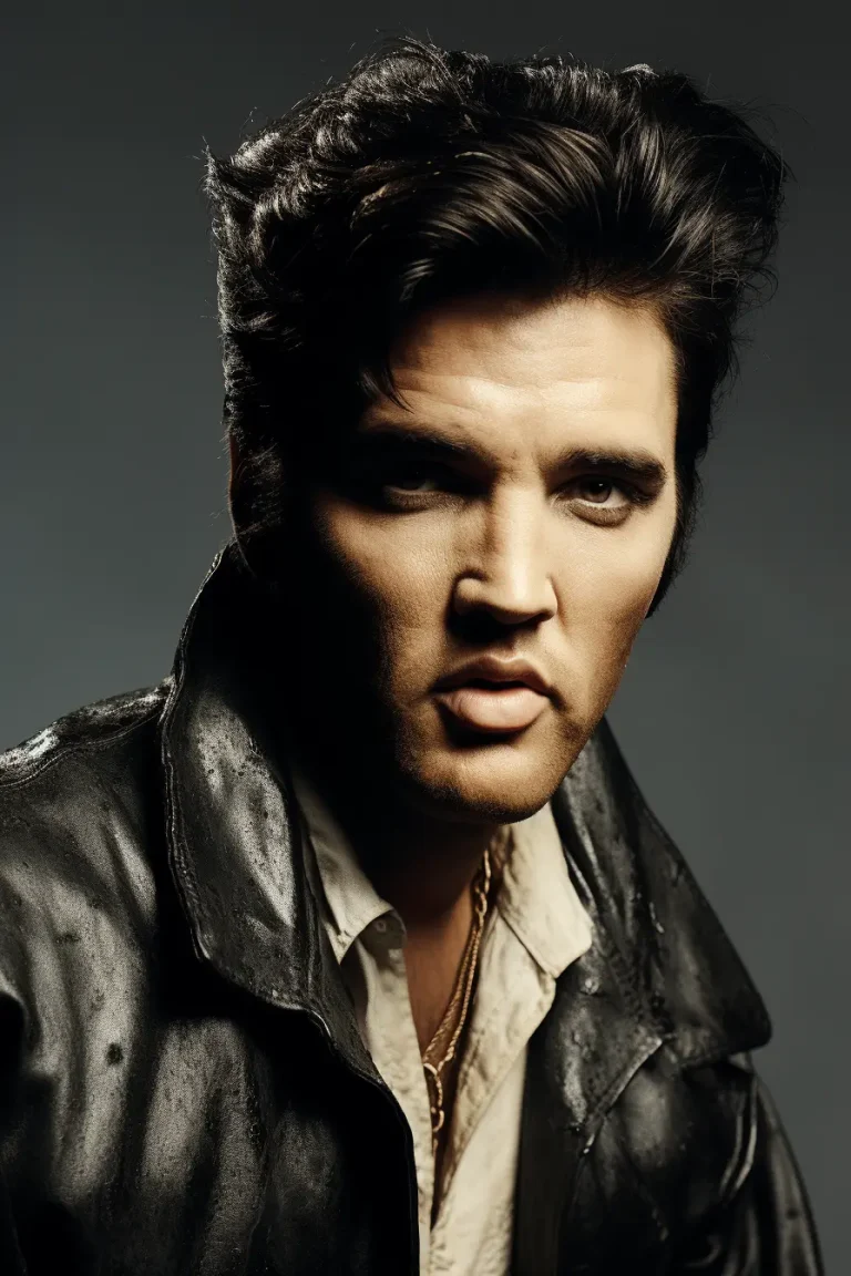 Imagen realista de Elvis Presley, ícono del rock and roll, generada por IA. Contiene letras de sus canciones más famosas, chat IA inmersivo y ejercicios de aprendizaje musical.