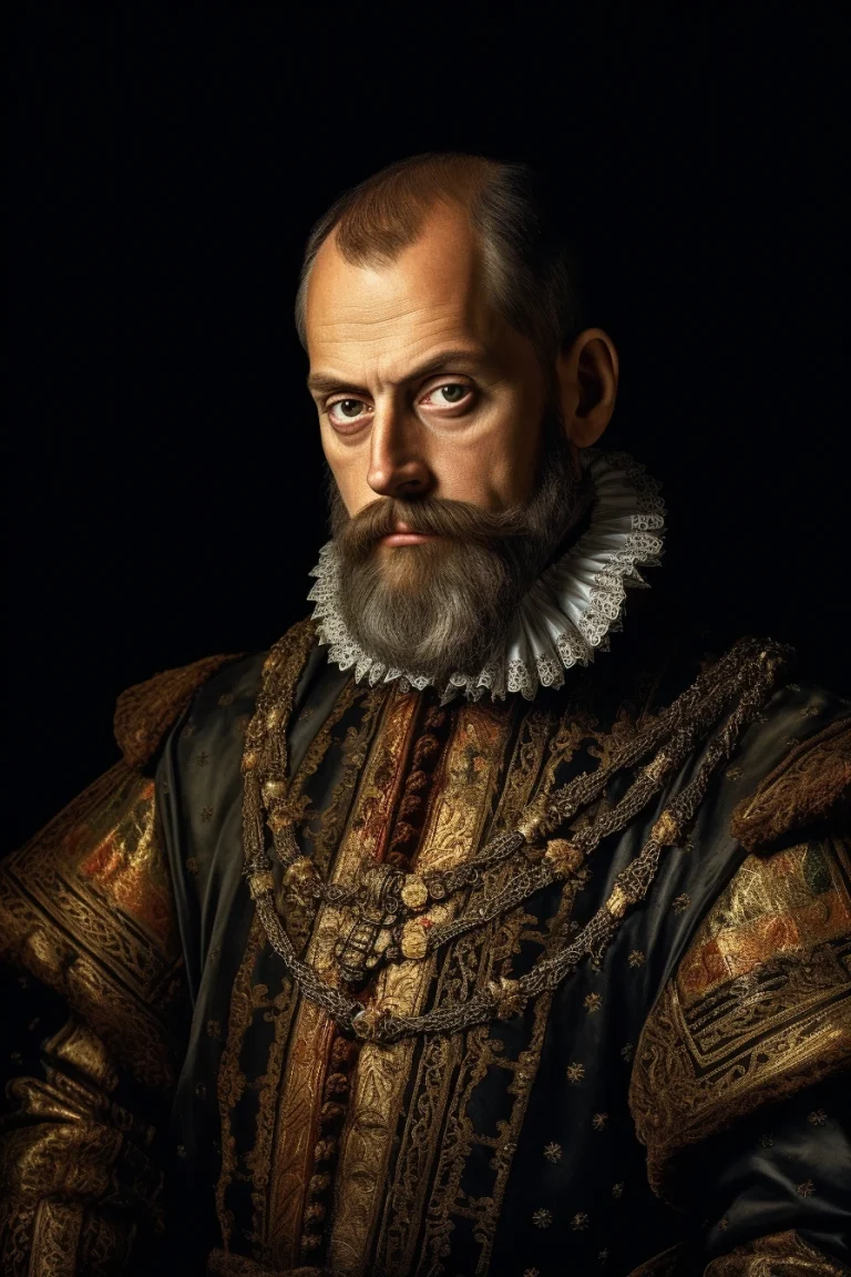 Foto realista de Felipe II de España, el Rey Prudente, generada por IA. Contiene citas célebres y chat de inteligencia artificial, además de actividades educativas sobre su reinado.