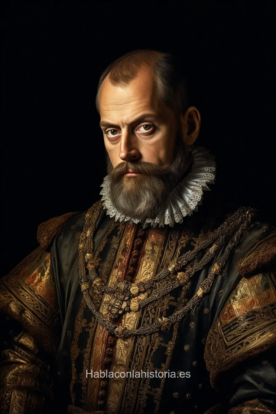 Foto realista de Felipe II de España, el Rey Prudente, generada por IA. Contiene citas célebres y chat de inteligencia artificial, además de actividades educativas sobre su reinado.