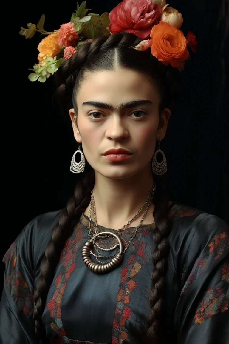 Imagen realista de Frida Kahlo, artista mexicana emblemática, creada mediante IA. Contiene citas famosas, interacción de chat IA y ejercicios didácticos relacionados con su vida y obra.