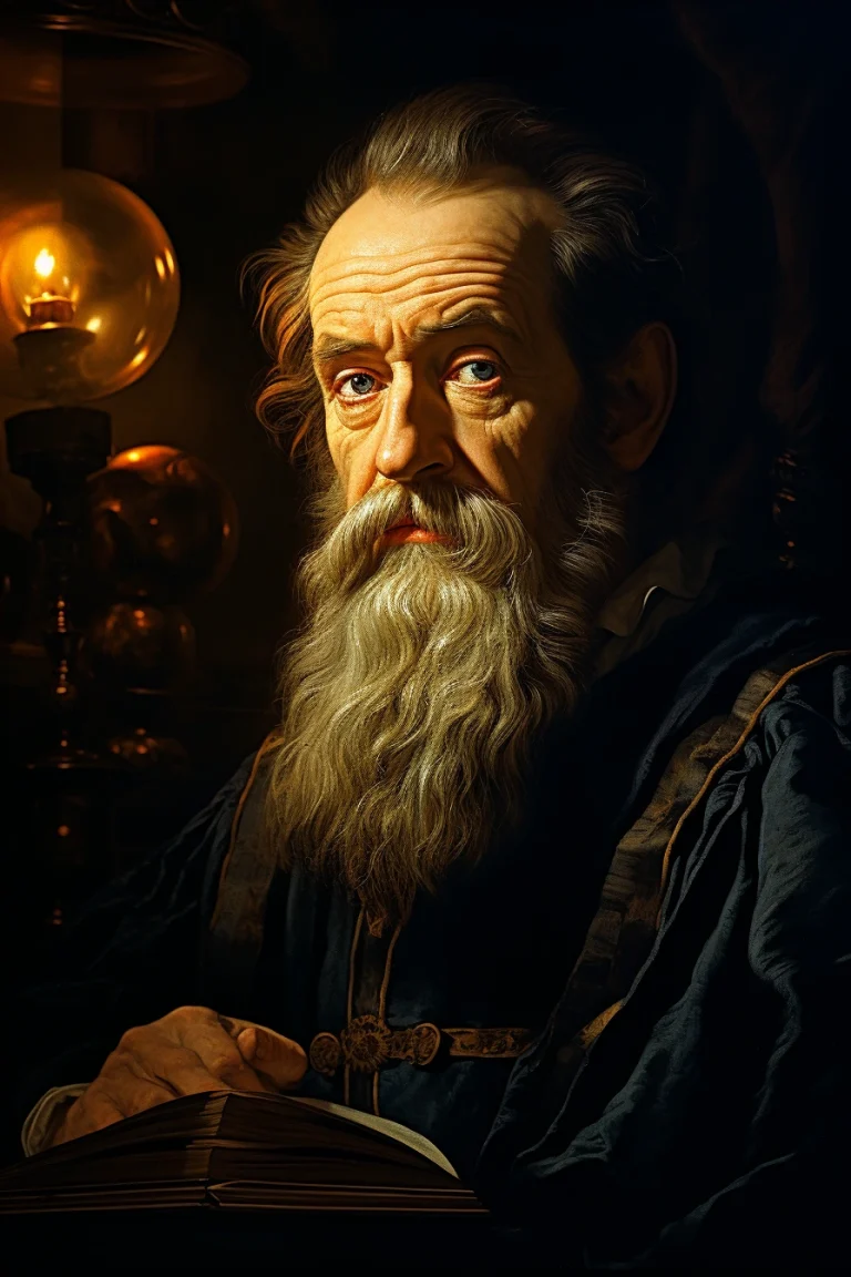 Imagen realista de Galileo Galilei, astrónomo y físico italiano, creada por inteligencia artificial. Incorpora citas famosas, diálogo interactivo de IA y recursos didácticos.