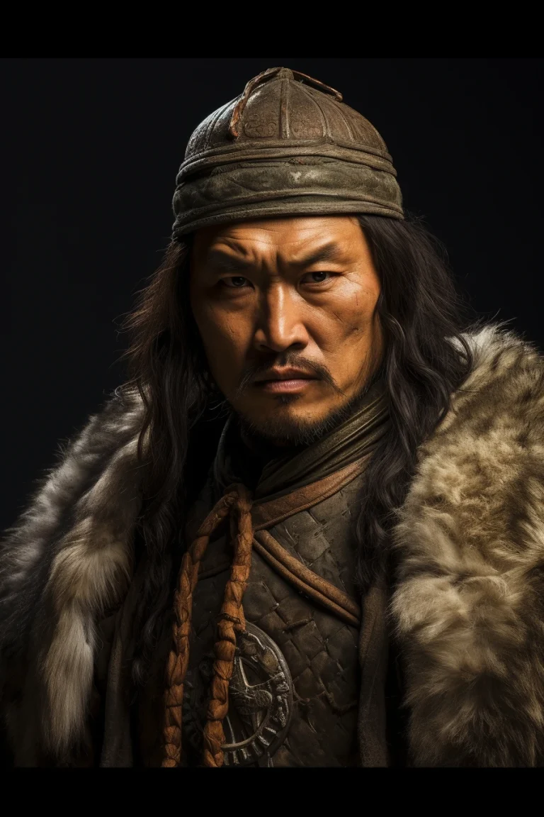 Imagen realista de Genghis Khan, fundador y gobernante del Imperio Mongol, creada mediante inteligencia artificial. Se muestran citas célebres, diálogo interactivo con IA y ejercicios históricos.