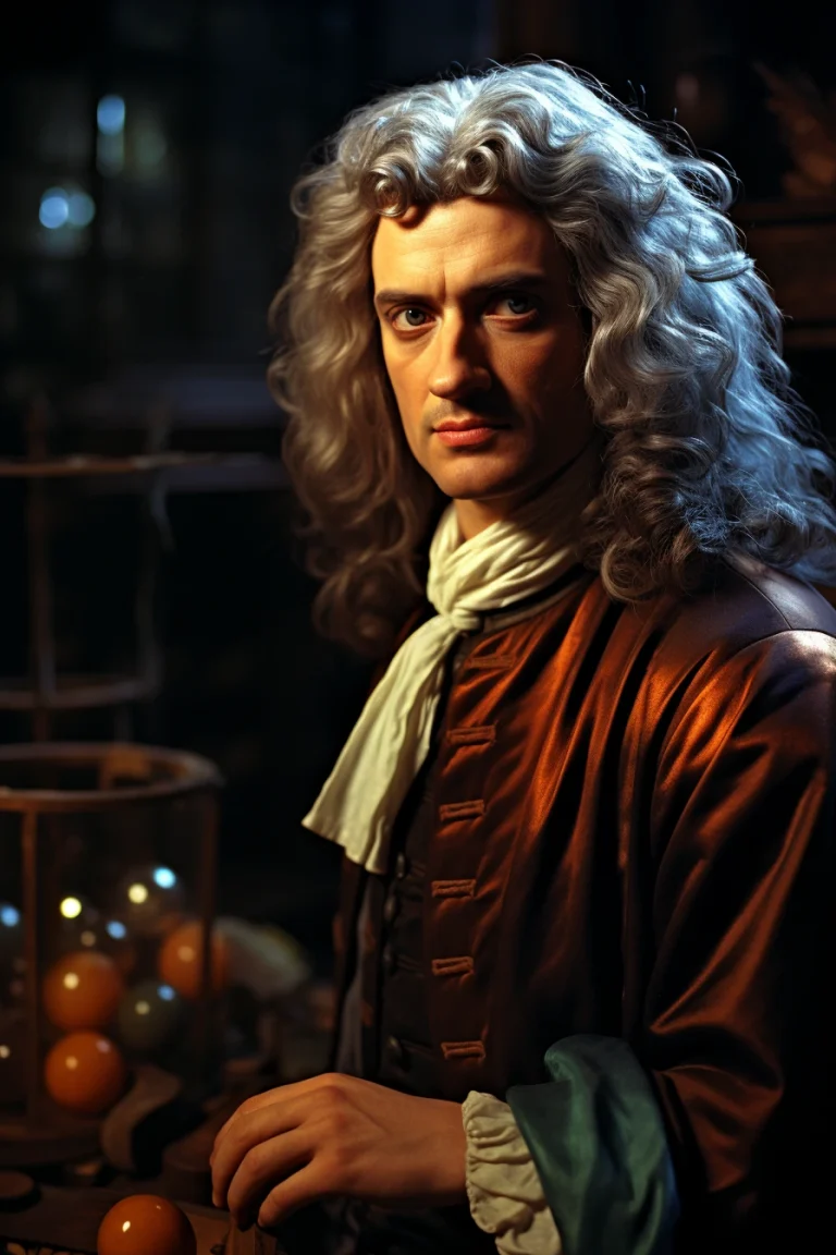 Foto realista de Isaac Newton, físico y matemático clave en la Revolución Científica, creada por IA. Contiene citas famosas, interacción con chat IA y ejercicios didácticos relacionados con sus leyes.