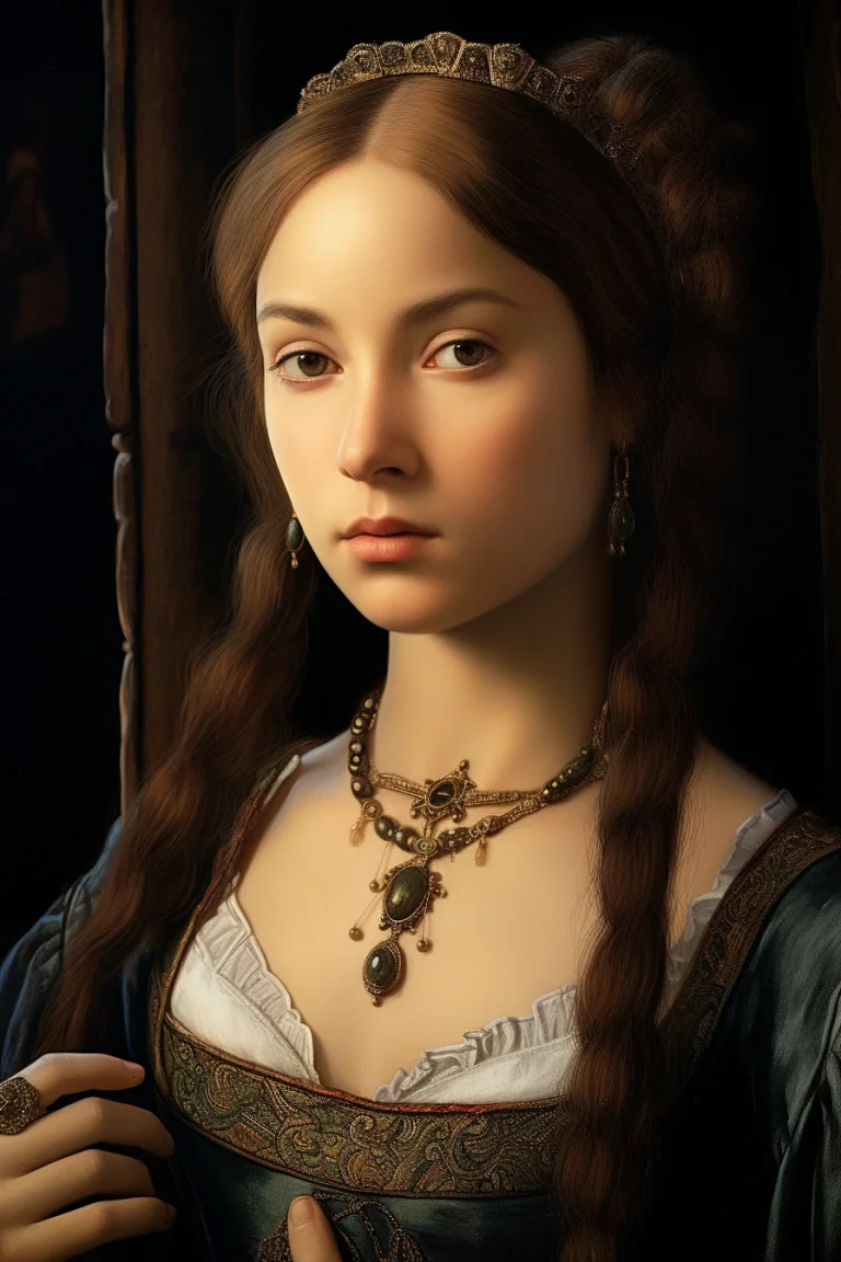 Imagen realista de Juana I de Castilla, conocida como Juana la Loca, generada por IA. Incluye citas históricas, chat inmersivo de IA y actividades de aprendizaje.