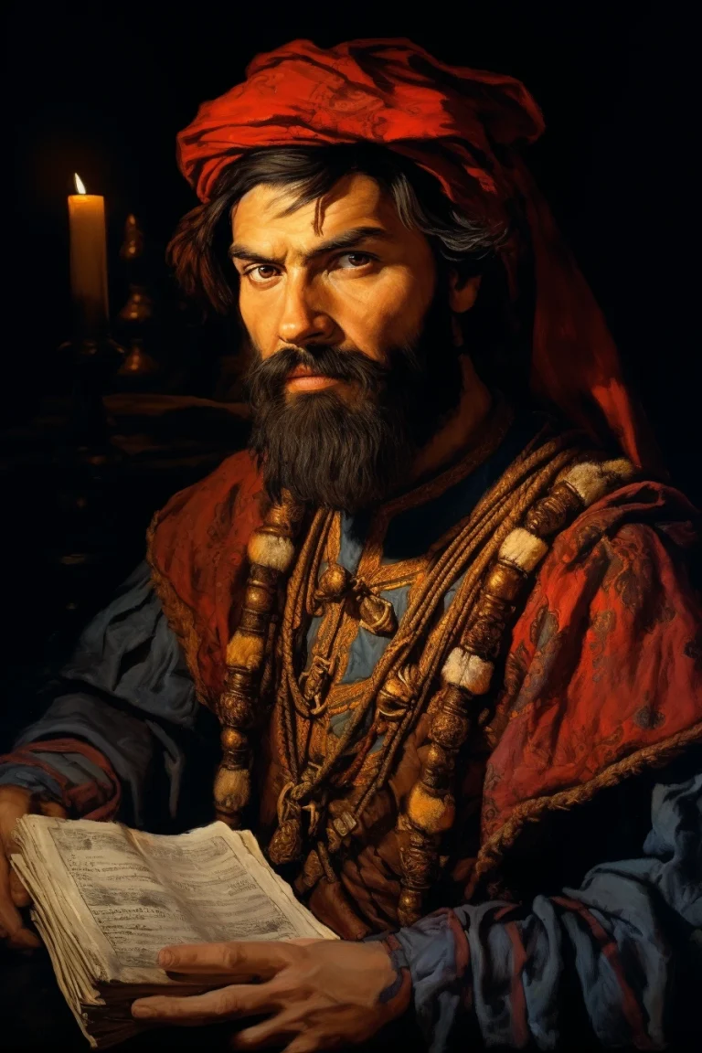 Imagen realista de Marco Polo, explorador veneciano del siglo XIII, creada por IA. Presenta citas famosas, chat interactivo de IA y recursos didácticos.