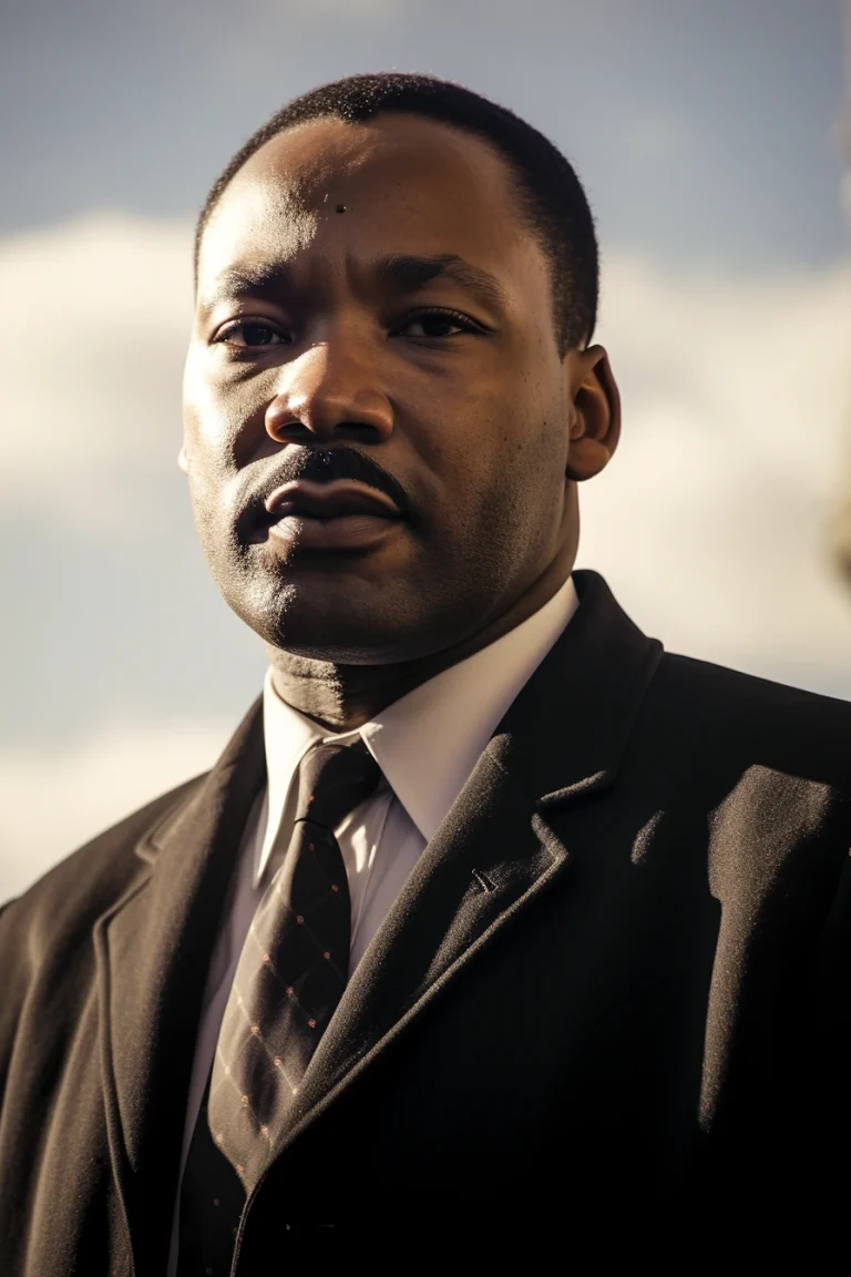 Imagen realista de Martin Luther King Jr., activista clave por los derechos civiles en Estados Unidos, generada por IA. Contiene citas memorables, interacción de chat IA y recursos didácticos.