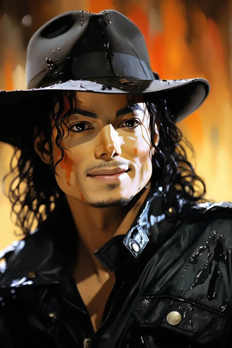 Imagen realista de Michael Jackson, el Rey del Pop, creada por IA. Muestra momentos icónicos, incluye letras de sus canciones, conversaciones de chat IA y tareas de aprendizaje sobre su legado musical.