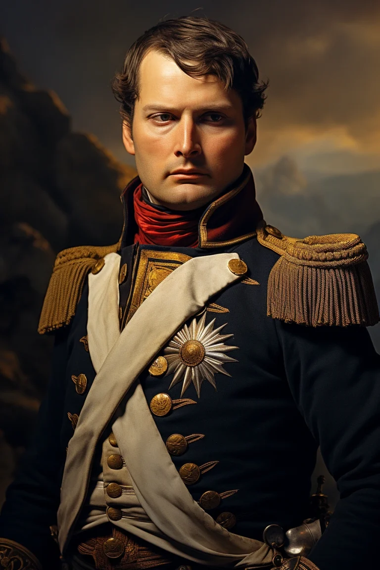 Imagen realista de Napoleón Bonaparte, emperador francés, creada por inteligencia artificial. Contiene citas famosas, interacción con chatbot IA y recursos para el aprendizaje histórico.