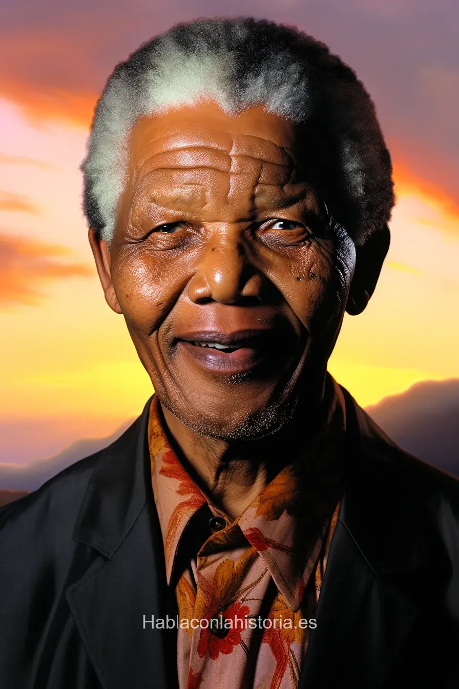 Imagen realista de Nelson Mandela, líder antiapartheid y expresidente de Sudáfrica, creada mediante inteligencia artificial. Contiene citas memorables, diálogos interactivos de IA y recursos didácticos.