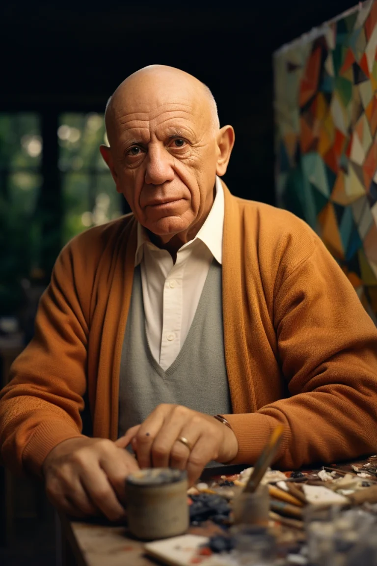 Foto realista de Pablo Picasso, el influyente artista español y creador del cubismo. Generada por IA, muestra al pintor rodeado de sus famosas obras e incluye citas célebres, interacción con chat IA y actividades didácticas sobre arte.