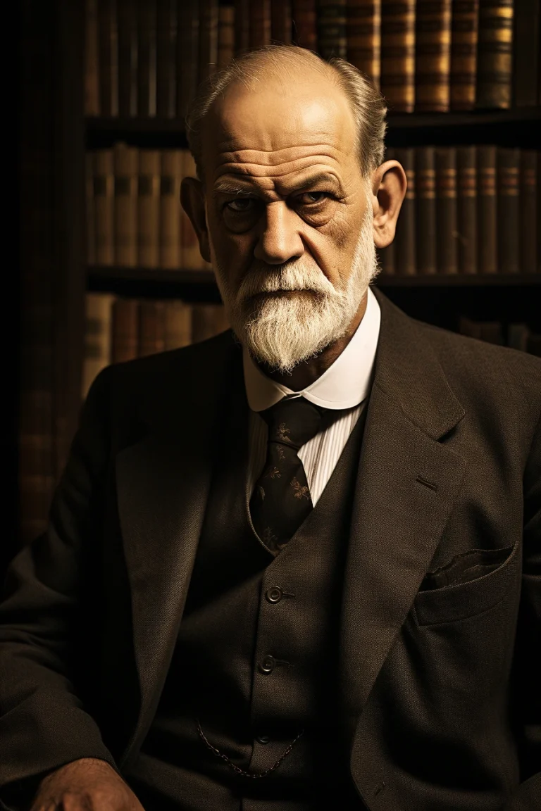 Foto realista de Sigmund Freud, padre del psicoanálisis, generada por IA. Incluye citas célebres, chat IA y recursos educativos.