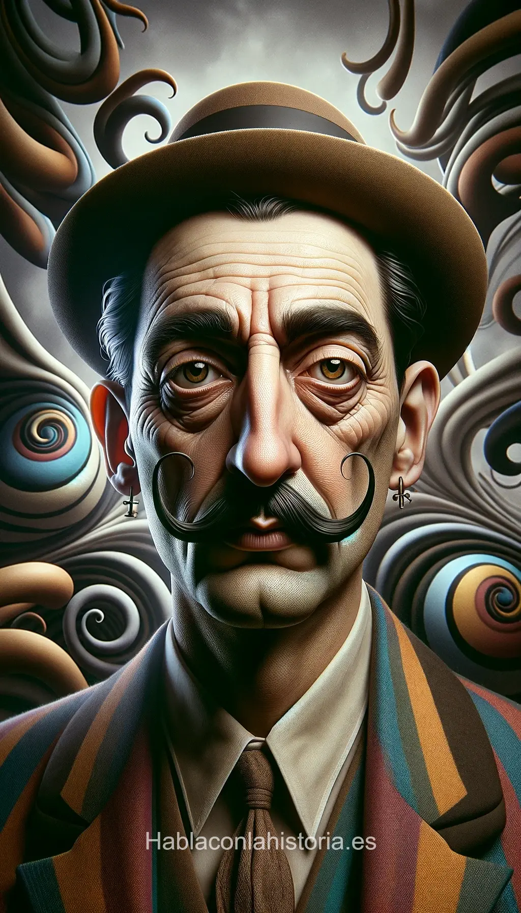 Imagen realista de Salvador Dalí, pintor surrealista español, creada por IA. Contiene citas famosas, interacción de chat IA y tareas de aprendizaje artístico.