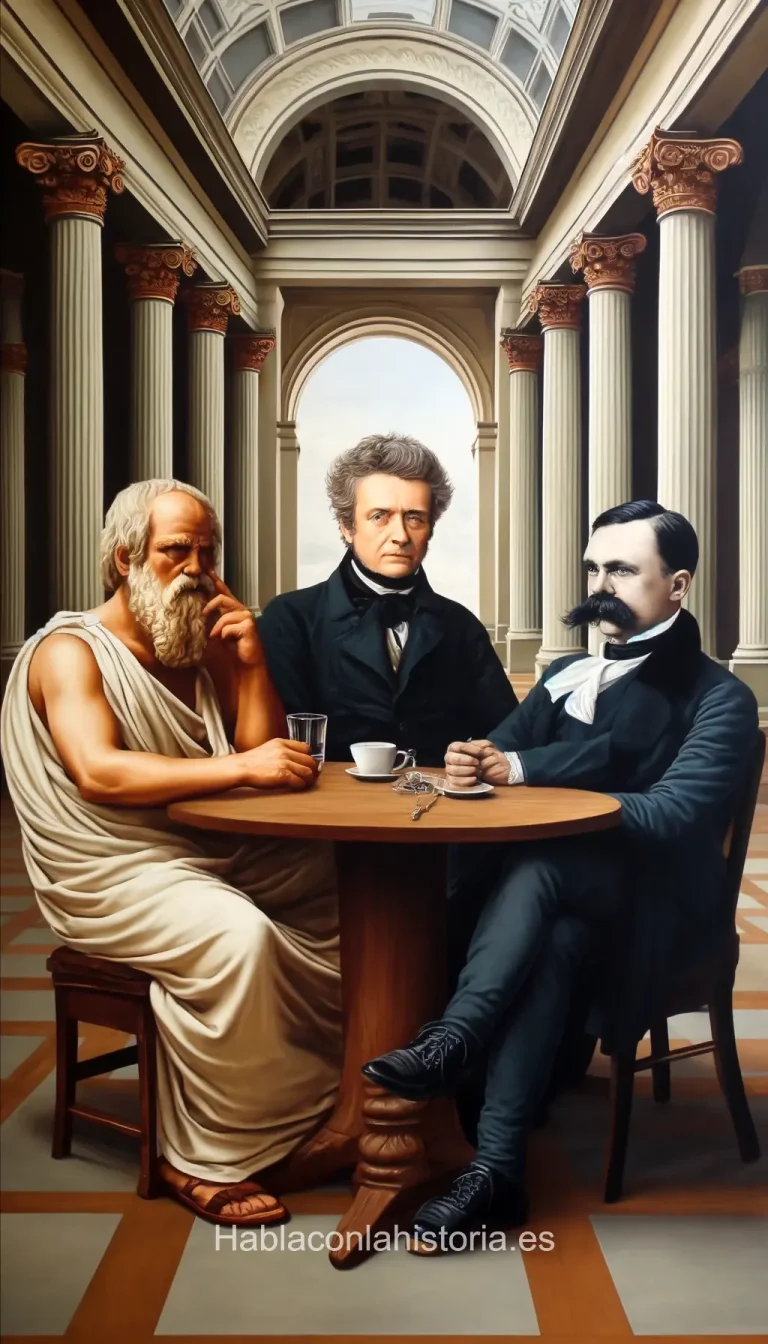 Socrates, Immanuel Kant, and Friedrich Nietzsche debate inteligencia artificial