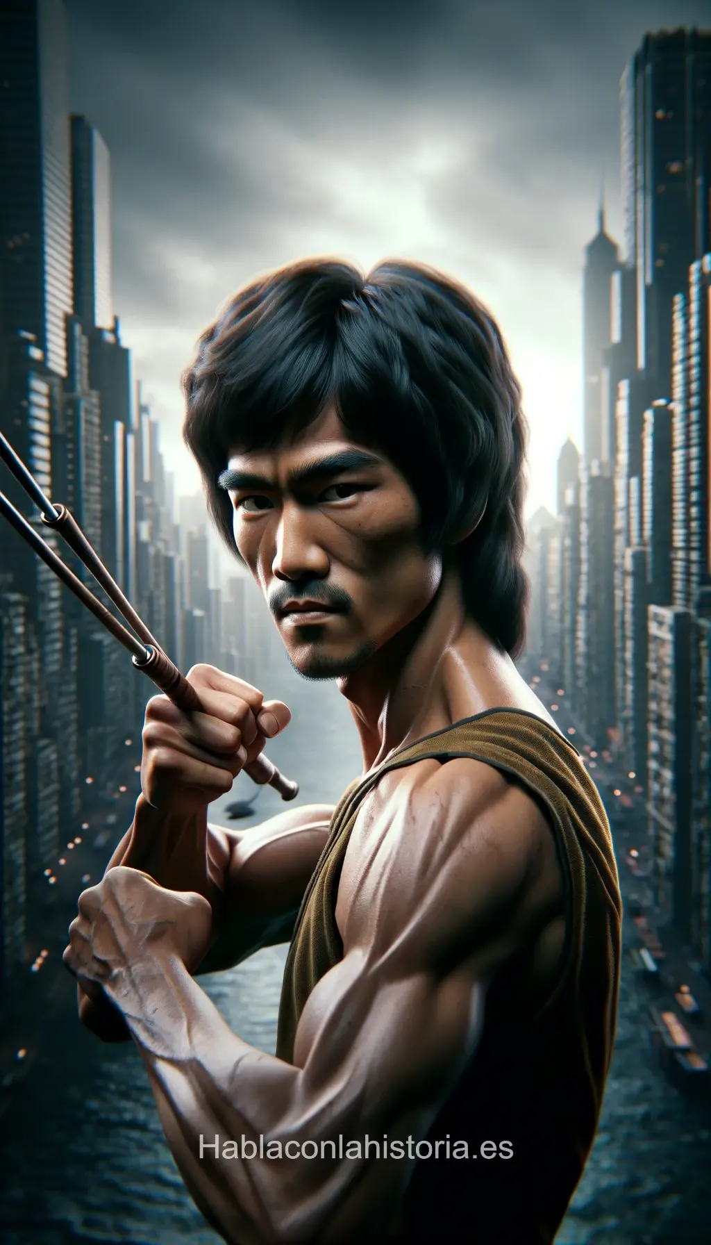 Foto realista de Bruce Lee, icono de las artes marciales y actor legendario, generada por IA. Presenta citas célebres, recreación de chat IA y ejercicios de entrenamiento.