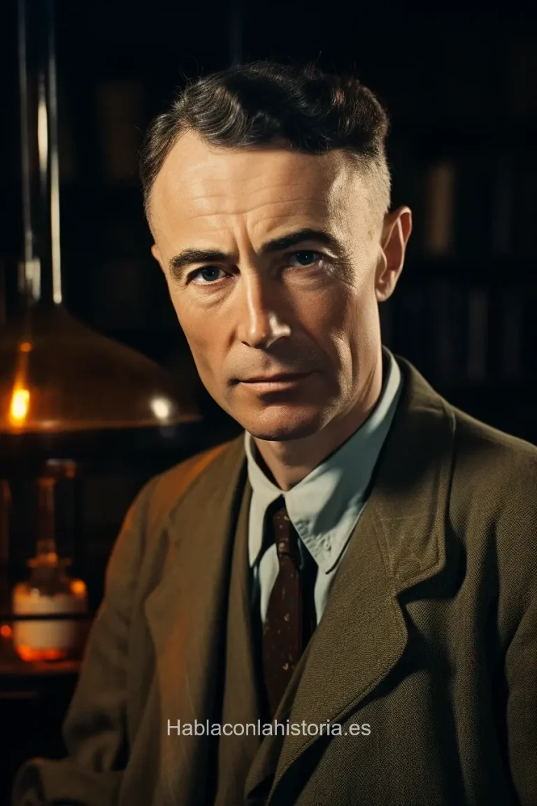 Imagen realista de J. Robert Oppenheimer, el "padre de la bomba atómica", creada por IA. Presenta citas famosas, diálogos de chat IA y ejercicios didácticos.