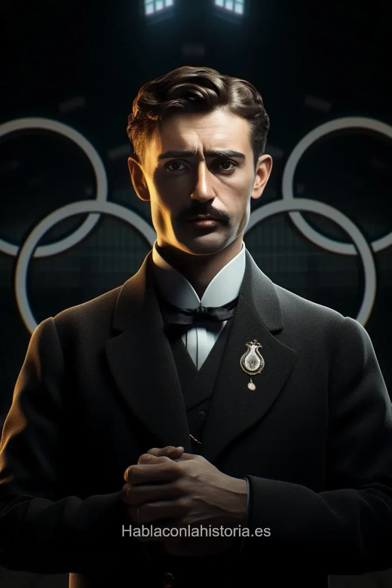 Foto realista de Pierre de Coubertin, fundador de los Juegos Olímpicos modernos, generada por IA. Incluye citas inspiradoras, chat de IA inmersivo y actividades relacionadas con el olimpismo.