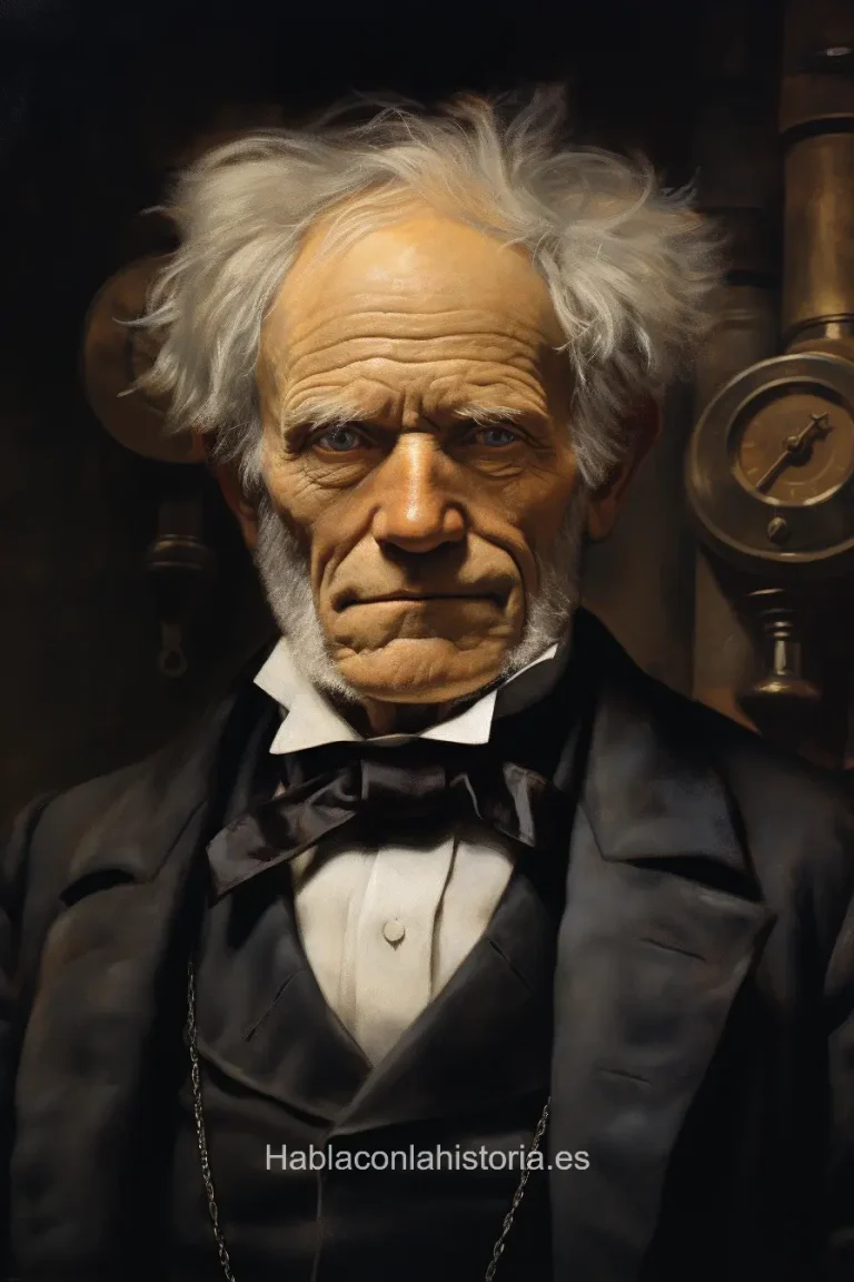 Imagen realista de Arthur Schopenhauer, filósofo alemán, generada por IA. Se incluyen citas célebres, chat de IA inmersivo y recursos didácticos.