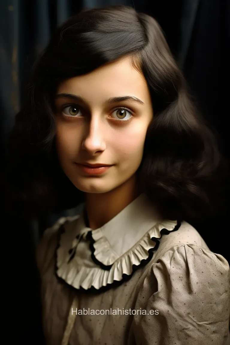 Imagen realista de Ana Frank, diarista histórica del Holocausto, generada por IA. Contiene citas memorables, chat IA y recursos didácticos.