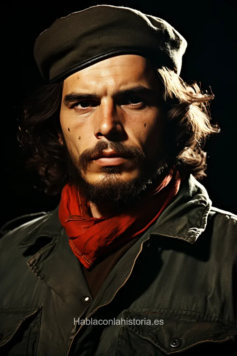 Imagen realista de Che Guevara, figura revolucionaria de América Latina, creada por IA. Contiene citas famosas, diálogos de chat IA y tareas didácticas.