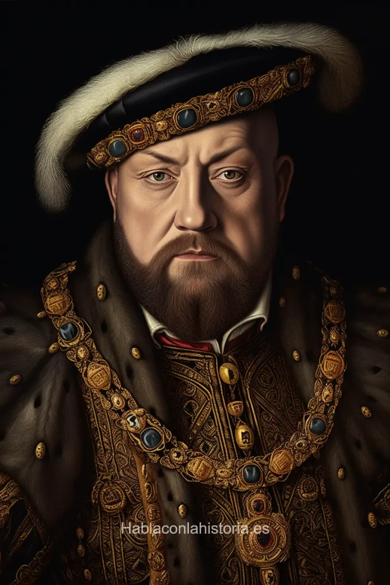 Imagen realista de Enrique VIII de Inglaterra, generada por IA, destacando su rol histórico, con citas famosas y recursos de chat IA para actividades educativas.