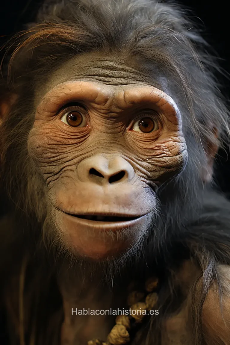 Imagen realista de Lucy, Australopithecus afarensis, creada por IA. Incorpora recreaciones de su hábitat, citas sobre su descubrimiento y herramientas de aprendizaje interactivo.