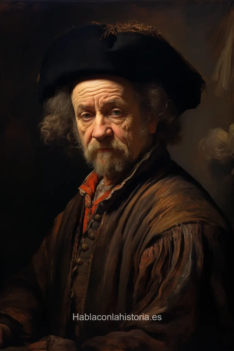Imagen realista de Rembrandt van Rijn, el célebre pintor del Siglo de Oro neerlandés, creada por IA. Contiene citas famosas, conversaciones de chat IA y ejercicios de apreciación artística.