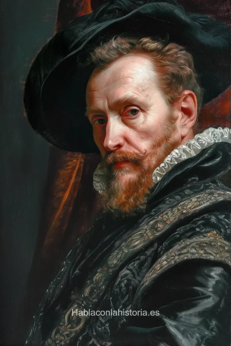 Imagen realista de Peter Paul Rubens, influyente pintor barroco flamenco, creada por inteligencia artificial. Contiene citas célebres e interacción con chat IA para fines educativos.