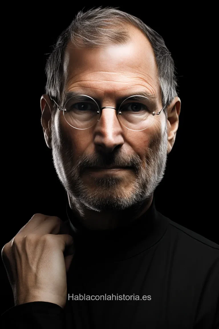 Foto realista de Steve Jobs, cofundador de Apple Inc., creada por IA. Incluye citas inspiradoras, chat interactivo y recursos didácticos.