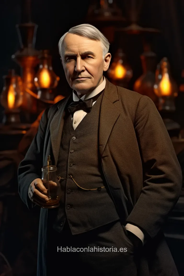 Foto realista de Thomas Edison, inventor y empresario estadounidense, generada por IA. Incluye frases célebres, diálogos de chat IA y actividades de innovación.