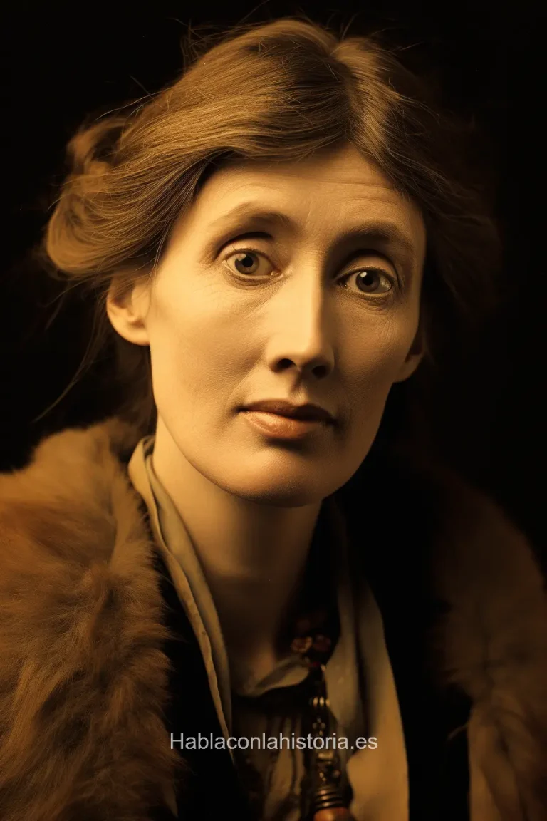 Imagen realista de Virginia Woolf, destacada escritora británica y figura del modernismo literario, creada por IA. Contiene citas famosas, interacción mediante chat de IA y recursos didácticos.
