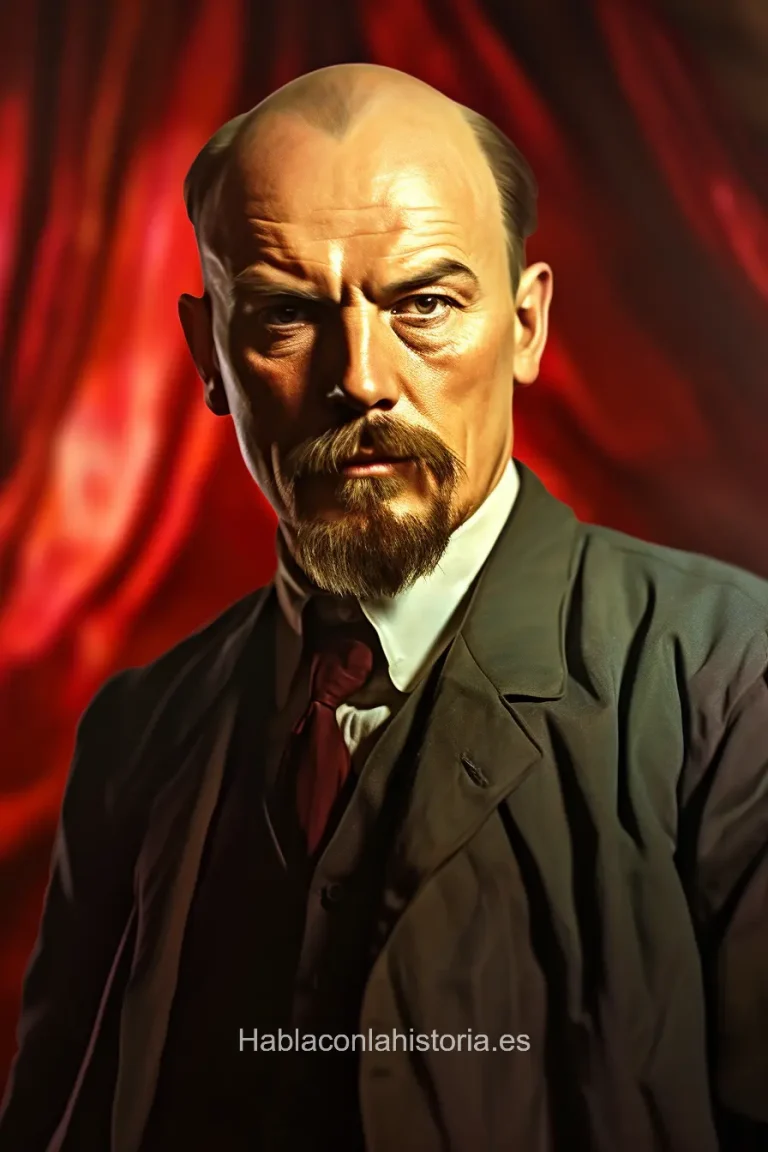 Foto realista de Vladimir Lenin, líder revolucionario ruso, generada por IA. Incluye frases célebres, chat interactivo con IA y actividades didácticas.