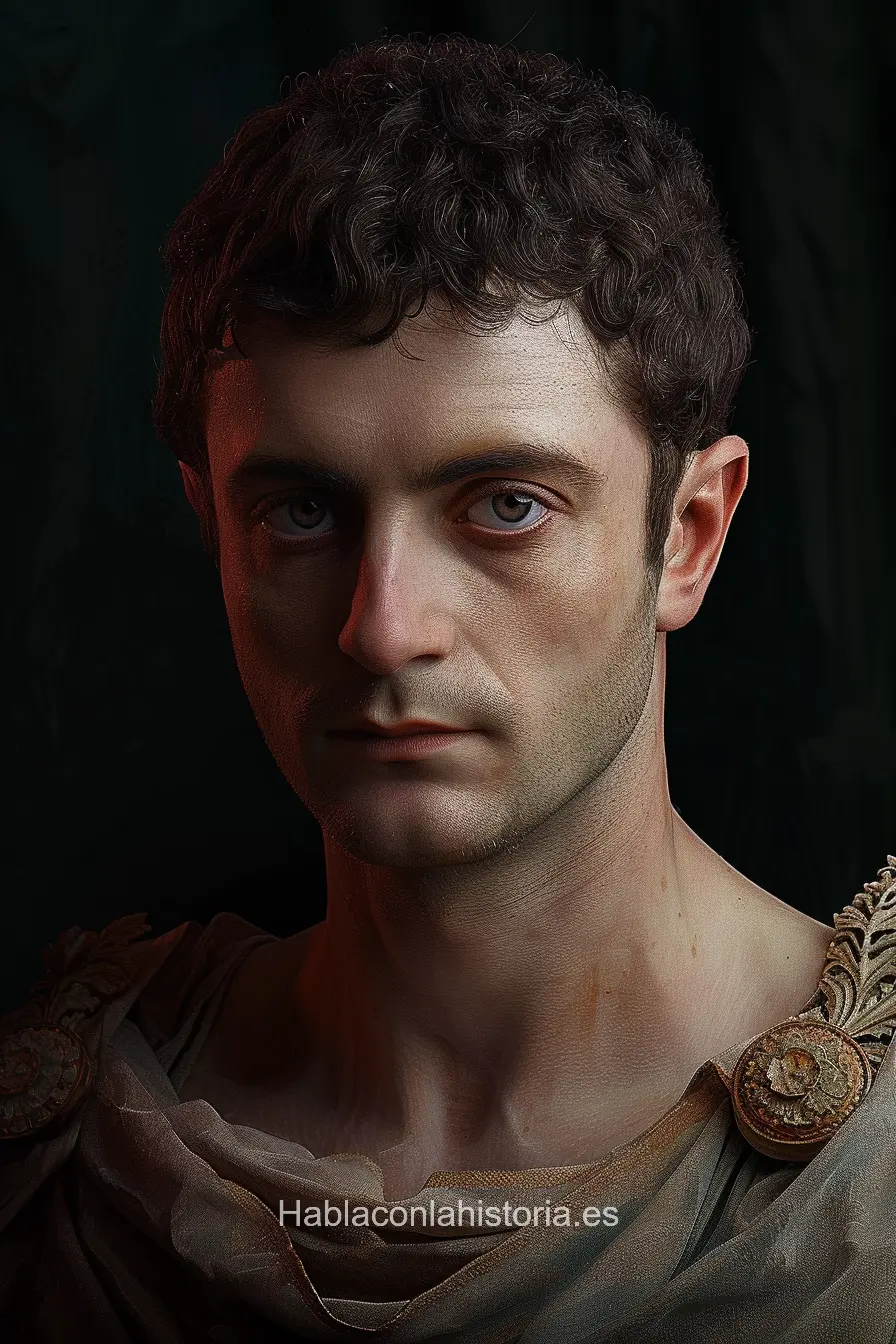 Imagen realista de Calígula, emperador romano controvertido, creada por IA. Muestra citas famosas, diálogos de chat IA y tareas de aprendizaje sobre su reinado.