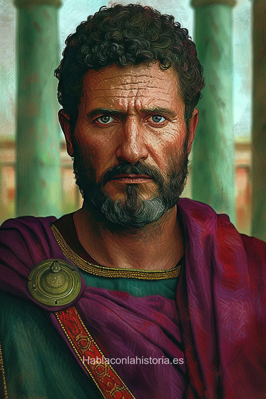 Imagen realista de Adriano, emperador romano, generada por IA. Incluye citas famosas, chat IA y actividades de historia antigua.