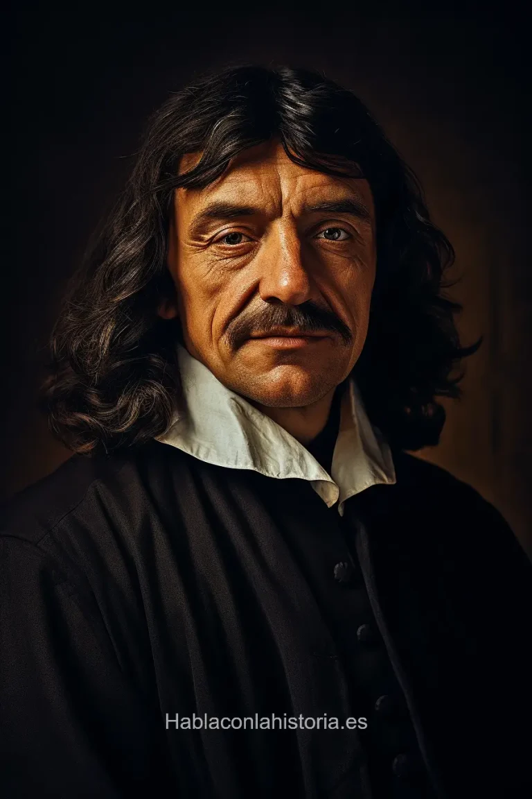 Foto realista de René Descartes, filósofo y matemático francés, creada por IA. Muestra citas famosas, ofrece chat interactivo de IA y propone ejercicios de pensamiento racional.