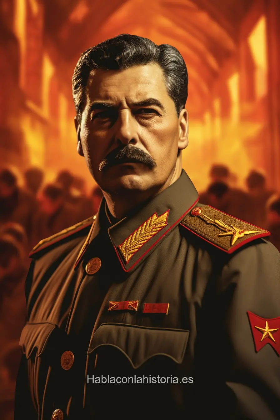 Imagen realista de Joseph Stalin, líder histórico de la Unión Soviética, creada por inteligencia artificial. Contiene citas famosas, diálogos de chat IA y elementos de aprendizaje histórico.