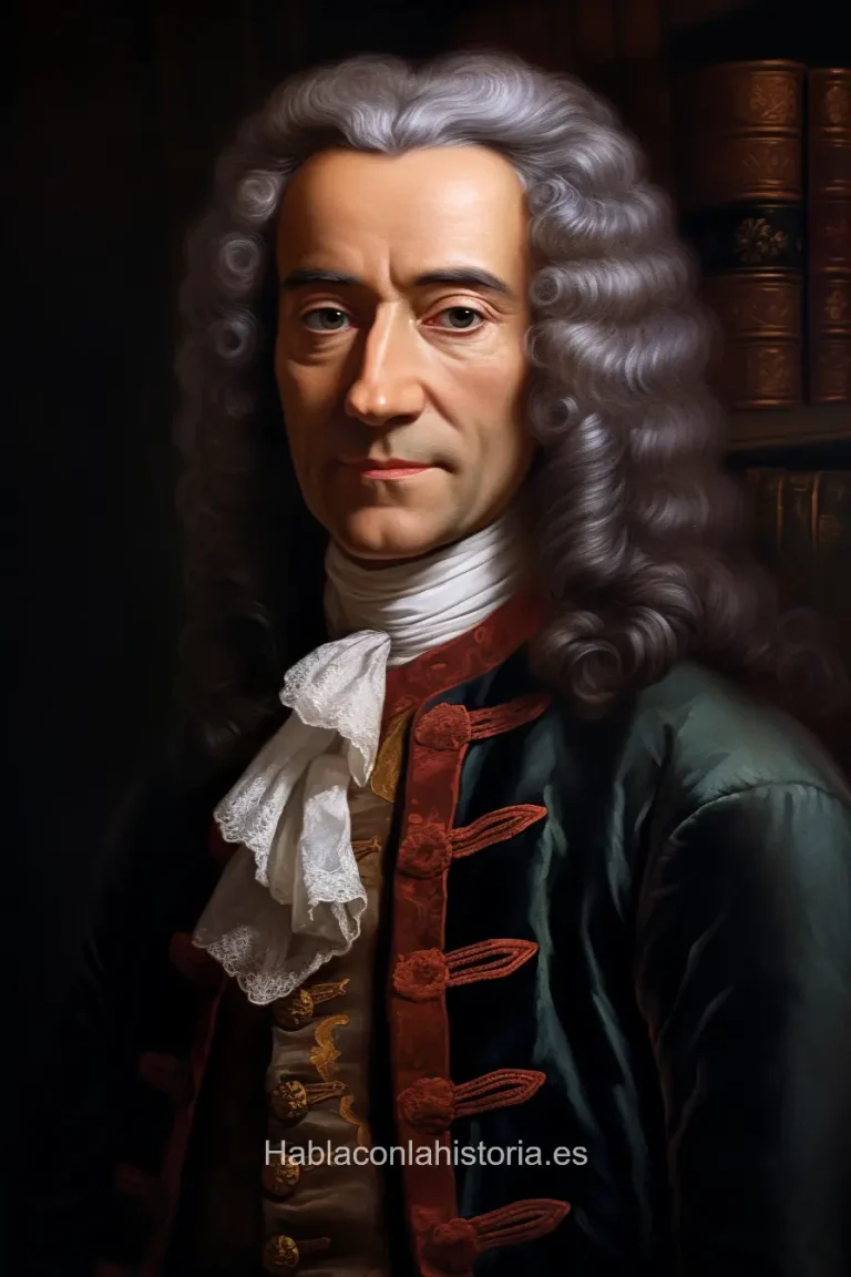 Foto realista de Voltaire, filósofo ilustrado francés, generada por IA. Destacan citas célebres, chat IA interactivo y contenido pedagógico.