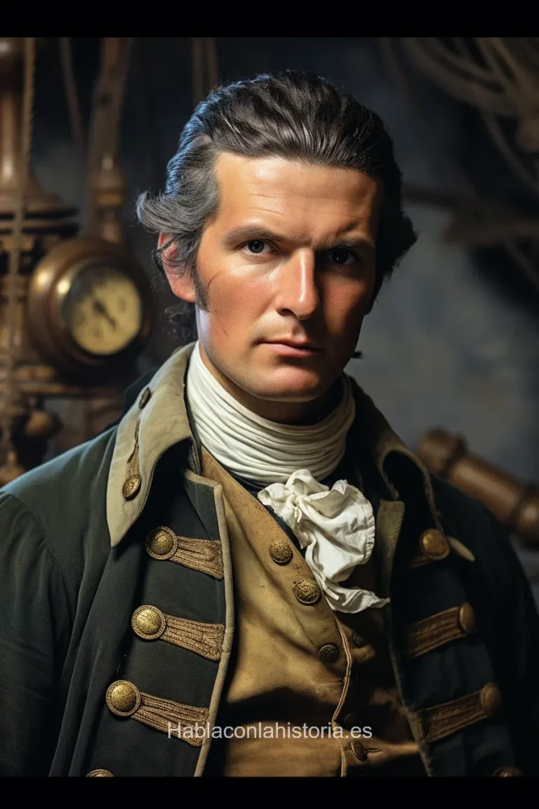 Foto realista de James Cook, explorador británico del siglo XVIII, generada por IA. Incluye citas célebres, chat IA inmersivo y actividades didácticas.