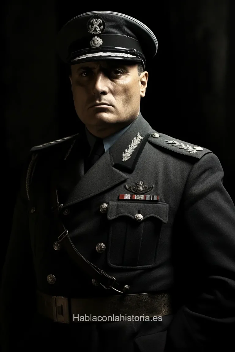 Foto realista de Benito Mussolini, líder fascista italiano, generada por IA. Contiene citas históricas, chat de inteligencia artificial y actividades de aprendizaje sobre su rol en la historia.