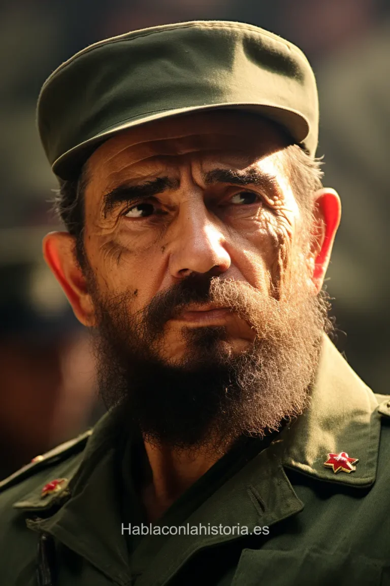 Foto realista de Fidel Castro, líder revolucionario cubano, generada por IA. Presenta frases célebres, diálogos de chat IA y actividades históricas.